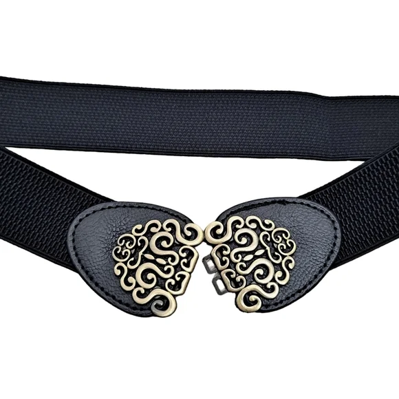 Black gold floral buckle faux leather corset boho stretch waist statement belt - Picture 12 of 12